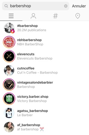 Imprime-écran de l'onglet de recherche sur Instagram. On peut voir que le terme « barbershop » a été recherché et les résultats sont affichés.