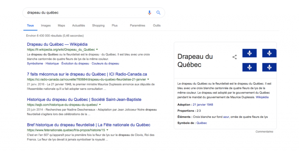 Wikipédia apparait comme Featured snippet lorsque la recherche est drapeau du québec. 

