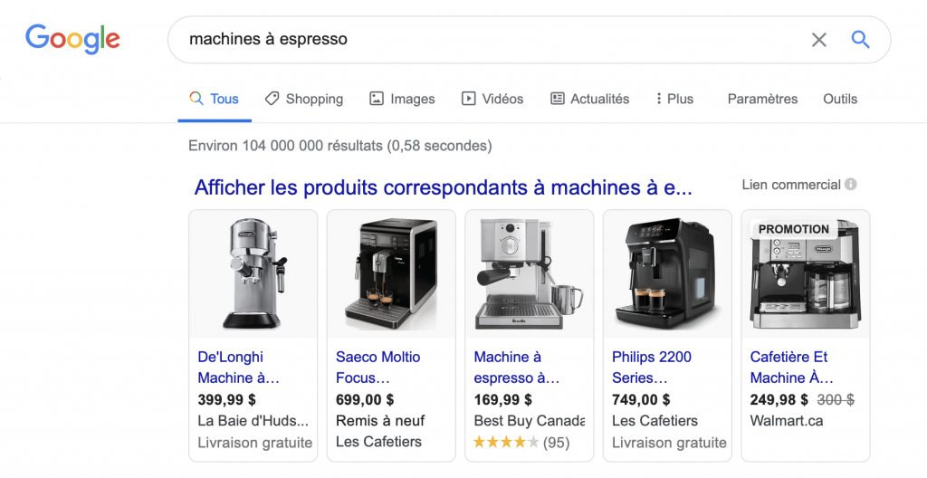 moteur de recherche 
commerce en ligne
Québec
Google