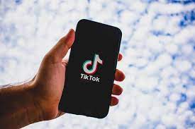 La photo montre un téléphone intelligent qui montre le logo de TikTok. De plus, le téléphone en question est devant un ciel bleu avec des nuages.  