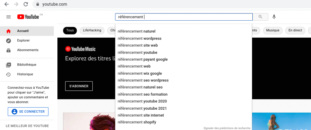 Barre de suggestion Youtube. Le mot référencement est tapé dans la barre. On voit que quatorze suggestions s'affichent automatiquement.