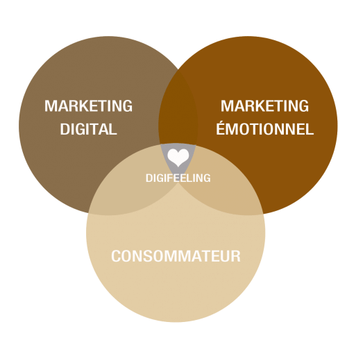 Illustration de l'intersection entre le marketing digital, le marketing émotionnel et le consommateur. Au centre des trois cercles colorés, il est écrit; Digifeeling. Symbolisé par un coeur.