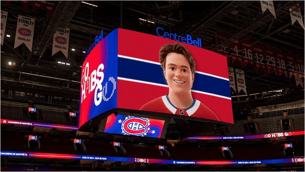 Le gros écran au Centre Bell montrant un joueur des Canadiens de Montréal illustré au style d'IGA.