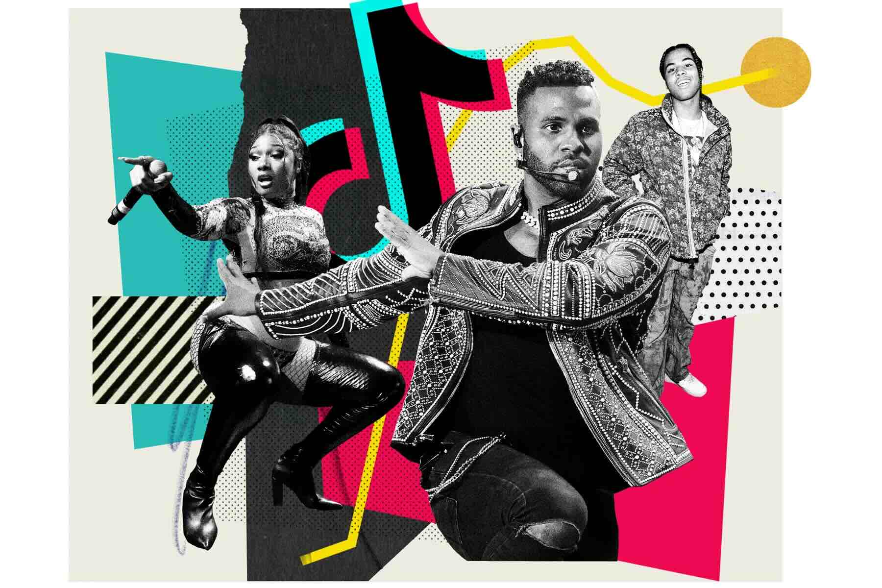 Collage d’artistes avec le logo TikTok en arrière-plan