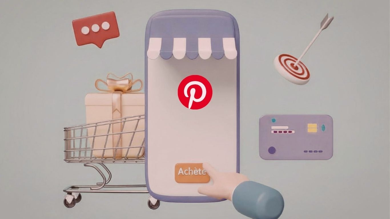 Illustration d’une stratégie Pinterest pour le commerce électronique, avec achat en ligne, création de contenu et ventes e-commerce.