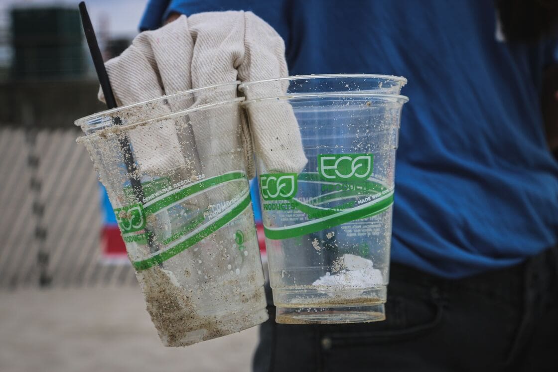 Deux gobelets en plastique compostable sales tenus dans une main sur une plage, illustrant les limites des produits dits écologiques.