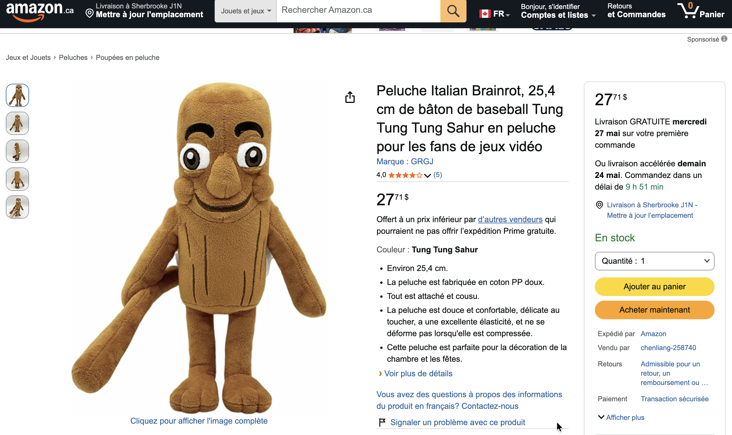 Peluche du meme TikTok Tung Tung Tung Sahur en vente sur Amazon, illustrant la monétisation de la tendance brainrot via l’e-commerce.